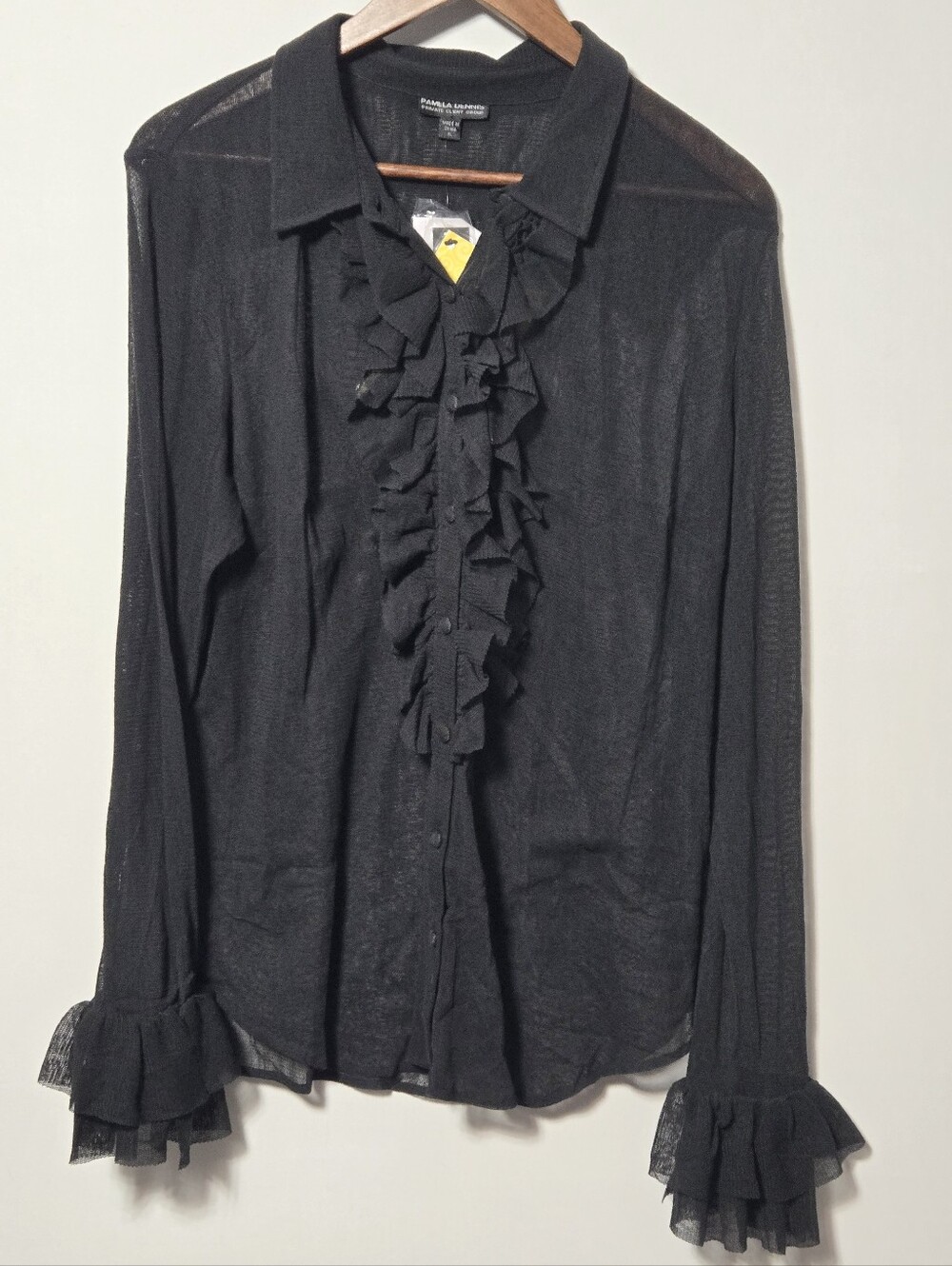 Pamela Dennis PCG XL Black Sheer Ruffle Front Blouse Victorian Career Top